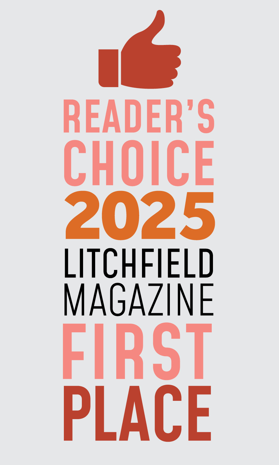 The image displays a graphic with text that reads READER S CHOICE 2025 at the top, followed by LITTLEFIELD MAGAZINE below in larger font size. At the bottom of the image, there is an emoji of a thumbs-up sign and additional text stating FIRST PLACE. The background is a gradient from white to gray with a red border framing the entire graphic.